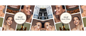 Aesthetic photo collage showcasing Bloom & Bliss skincare products, including Hair Removal Foam, Coffee Scrub, Retinol Cream and Vitamin C and Hyaluronic Acid Face Serum, with smiling models.