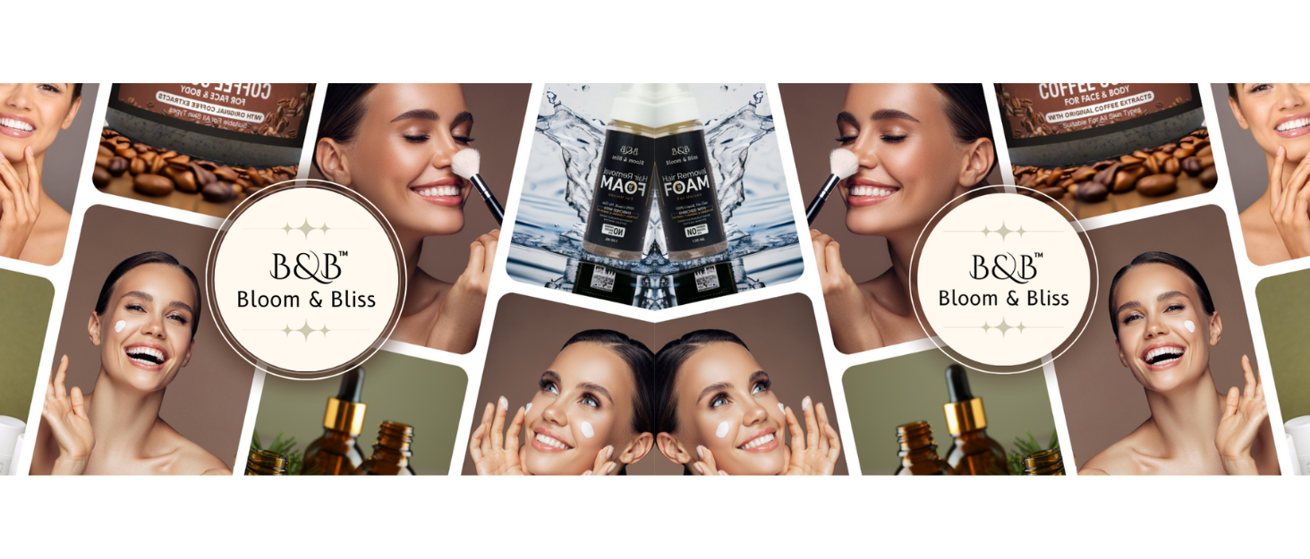 Aesthetic photo collage showcasing Bloom & Bliss skincare products, including Hair Removal Foam, Coffee Scrub, Retinol Cream and Vitamin C and Hyaluronic Acid Face Serum, with smiling models.