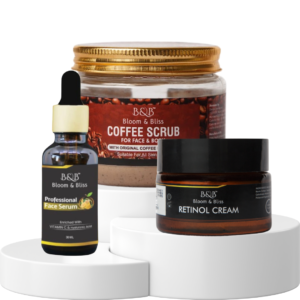 Bloom & Bliss Ultimate Skincare Trio – Face Serum, Coffee Scrub & Retinol Cream