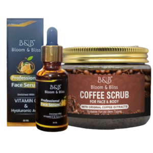 Bloom & Bliss Face Serum and Coffee Scrub Combo – Hydration & Exfoliation Kit